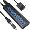 Lustrens Hub USB 3.0, in alluminio, con 10 porte, dotato di alimentatore e interruttori di accensione/spegnimento
