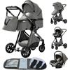 YAZOCO Passeggino 3 in 1 Pieghevole Carrozzina Per Neonati Seggiolini Auto, Zanzariere, Copripioggia, Sacchetti di Urina (LV9 grigio scuro)
