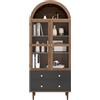 Azkoeesy Mobile alto retrò con vetrina in vetro, 2 ante in vetro e cassetti, color noce, design curvo, mensole regolabili, libreria multiuso per soggiorno e ufficio, 70 x 38 x 168 cm (larghezza x profondità x