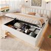 Moimhear Letto matrimoniale, rete a doghe, testiera imbottita, stoccaggio idraulico, LED, beige, 180 x 200 cm