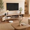 BIYFSDS Mobile TV in rattan da 150 cm, panca TV in legno per TV fino a 65 pollici, mobile TV con 2 porte e 2 scomparti aperti, gestione dei cavi, stile bohémien, 150 x 40 x 48 cm (colore legno naturale, D)
