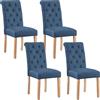 Yaheetech Set 4 Sedie Imbottite per Sala da Pranzo, Gambe in Legno Eleganti | Blu, Tessuto Imbottito, Schienale Alto Con Bottoni, Gambe In Legno Massello, Portata 125 KG, Per Cucina E Soggiorno