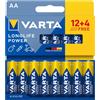 VARTA Pile AA, 12+4 (16 pezzi), Longlife Power, Alcaline, 1,5V, ideale per giocattoli, mouse wireless, torce elettriche, imballaggio riciclato al 90%, Made in Germany