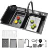 Ecoxsnz Lavello Da Cucina Multifunzione A Cascata, 76 X 50 Cm, Nero | In acciaio inox SUS304, con rubinetto estraibile, lavabicchieri, tagliere, scolapasta e dispenser di sapone