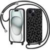 Tawarror Cover per iPhone 15 Silicone con Cordino Tracolla, Leopardo-Nero | Silicone Liquido Premium, Morbida al tatto, nti-Graffio TPU Antiurto Sottile Protettiva Case