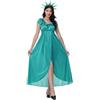 Générique Costume da Carnevale di Halloween da donna, abito blu pavone in raso con scollo a volant e spacco sul davanti copricapo raffigurante la statua della libertà vestito antico greco e romana