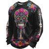 Generic Felpa da uomo in poliestere con teschio di zucchero colorato e grafica | Pullover nero a maniche lunghe con un vivace motivo a teschio di zucchero con fiori luminosi e dettagli decorativi