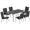 Set Da Esterno 7pz Con 6 Sedie Impilabili In Texteline E Tavolino Da Caffè Con Piano In Vetro, Nero E Argento