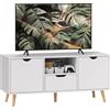 Mobile Porta Tv Max 50" Con Cassetto, Ripiano Aperto E Armadietti, 110x40x50 Cm, Bianco E Legno