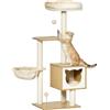 Tiragraffi Per Gatti Con 2 Pali, Casetta, Amaca, Lettino E 2 Palline, In Legno, Pile E Sisal, 48x40x126 cm