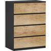 Cassettiera 4 Cassetti In Legno Con Guide In Metallo E Maniglie Scanalate, 60x40x80 Cm, Nero E Rovere