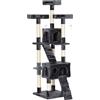 Albero Tiragraffi Per Gatti Con 3 Posatoi, 2 Casette E Giochi Appesi, In Legno E Peluche, 49x49x173 Cm, Grigio