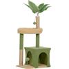Albero Tiragraffi Per Gatti Con Casetta, Lettino E 2 Palline, In Legno E Poliestere, 44x30x98 Cm, Verde E Marrone