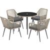 Set Da Giardino 5 Pezzi In Rattan E Acciaio Con 4 Sedie Da Esterno E Tavolo Rotondo Con Foro, Marrone E Grigio