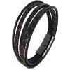LIVLOKO LONDON - Bracciale da uomo in pelle nera multistrato con perline di pietra, chiusura regolabile in acciaio, cinturino in corda vichinga, surfista, uomo, confezione regalo per fidanzato, papà