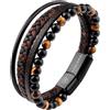 LIVLOKO LONDON - Bracciale da uomo in pelle nera multistrato con perline di pietra, chiusura regolabile in acciaio, cinturino in corda vichinga, surfista, uomo, confezione regalo per fidanzato, papà