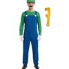 Suffolly Costume da idraulico da uomo, travestimento Halloween per fratelli | Costume di Halloween da uomo con salopette, berretto, barba finta, guanti bianchi e accessorio chiave inglese