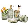 EMPO Set di 6 Accessori in Vetro Trasparente per il Bagno (Dispenser per Sapone per Lozione, Portasapone, Porta Spazzolino da Denti, Bicchiere, Barattolo di Cotone), Regalo Vintage (Verde)