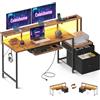 Coleshome Scrivania Gaming con LED con 2 Cassetti 1 Presa 140x48cm | 1 presa di corrente integrata, 2 cassetti, design reversibile, illuminazione LED, supporto per monitor, Marrone