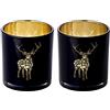 EDZARD Set 2 Portalumini in vetro Fancy (H 8 cm, Ø 7,5 cm), neri | motivo cervo, brilla d'oro, bicchiere porta tealight, lumini candele, centrotavola, decorazione tavola, idea regalo