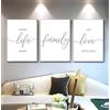 AdoDecor 3 Pezzi, Stampa su tela, Poster da parete, Frasi inglesi in bianco e nero Quadro su tela, Quadri camera da letto, Life, Family, Love Quadri moderni soggiorno cucina (Non incorniciato)
