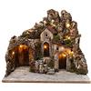 Holyart Presepe Napoletano: Ambiente presepe illuminato con grotta e casette 40X50X45 cm legno e sughero