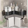 VirtuGro Mensola Doccia Angolare Senza Foratura Porta Bagnoschiuma Shampoo da Doccia con 2 Ganci Adesiva Mensole Bagno Angolare Porta Sapone Mensola Bagno Accessori (Nero)
