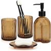 Topsky - Set di 4 accessori da bagno in vetro ambrato - Design a strisce arcuate: dispenser per sapone, portaspazzolino, bicchiere e portasapone - Set completo da appoggio vintage per l'organizzazione