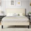 VECELO Letto matrimoniale imbottito, 140 x 190 cm, testiera in morbido velluto con borchie decorative argentate, rete a doghe in legno massiccio, montaggio semplice, senza rumore, beige