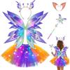 JUNUNDJING Ali Fata LED per Donna, Ali da Fata con Tutù LED Cerchietto Bacchetta Magica e Orecchie da Elfo, Ala Pieghevoli e Leggere per Halloween Carnevale Cosplay Gioco Festa