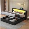 KUAKE Letto Matrimoniale Imbottito 160x200 cm con Testiera LED, Altoparlante Bluetooth e Ricarica USB in Ecopelle, Letto Imbottito con Piazza e Rete a Doghe, Senza Materasso (Nero, 160x200cm)