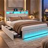 BSCFHCZ Letto alla Francese 140x200 con 4 Cassetti Contenitore, Letto Imbottito in Lino con Luci LED e App, Ricarica USB & Type-C, Struttura Letto con Rete a Doghe e Testiera, Beige (Senza Materasso)