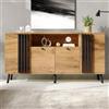 Merax Credenza 140 x 35 x 71 cm, comò con 4 ante, armadietto portaoggetti in MDF con 6 gambe in legno massello, effetto legno e nero, per soggiorno, sala da pranzo e corridoio