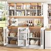 Ktipm Mobile Cucina Credenza Cucina Alta con LED e Presa, Bianco+Naturale | Madia Cucina Mobiletto Soggiorno con 6 Ante e 3 Cassetti, Contenitore Aperti e Dispositivo Antiribaltamento, 150x40x173 cm
