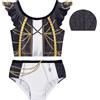 NONE Set Costume da Bagno 3 Pezzi per Bambine Glam Rock, Top con Stampa Catena Oro Nero e Pantaloncini a Contrasto con Cuffia da Nuoto, Costume per Concerti