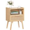 LELELINKY Comodino in rattan, piccolo tavolino con rattan decorato cassetti e scaffali aperti, comodini in legno boho, comodino con gambe del tavolo in massello per soggiorno, camera da letto, natura