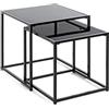 HAKU Set di 2 Tavolini in metallo nero Tavolino da salotto con vetro di sicurezza da 5 mm - Dimensioni: L 35/40 x A 35/40 x P 35/40 cm Stile: Moderno