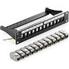 deleyCON 12 Porto Pannello Delle Patch Set Modulare 1 IU 10" Pollici Montaggio Rack + 12x RJ45 Keystone Moduli CAT6a Compatibile con CAT5 CAT6 CAT7 LAN Cavi di Rete Cavi di Posa Nero