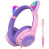 PowerLocus Cuffie per Bambini con Filo, Orecchie del Gatto con Luci a LED | USB-C Cable, Sicuro Limitazione del Volume 85/94dB, Pieghevoli, Cuffie per Bambina con Microfono per iPad/Viaggio/Tablet/PC