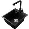 CECIPA Lavello da cucina 40 × 45 cm nero in granito con rubinetto da cucina estensibile, lavello da incasso 1 vasca con rubinetto