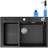 CECIPA Lavello da cucina da 70 x 45 cm, in granito, con dispenser per sapone, da incasso, grande, 1 vasca, nero opaco, lavello da cucina extra large, moderno, durevole, facile da pulire