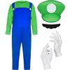 BSBUY Costume Adulto per Carnevale, 4Pcs Costume Super bros con Cappello, Baffi, Guanti, Adulto Cosplay Costumi Unisex, Fancy Dress Outfit Adulti per Halloween, Carnevale
