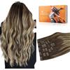 DOORES Extension Clip Capelli Veri, Balayage Marrone Cioccolato a Biondo Miele 40cm 16 Pollici 7 Pezzi 120g Capelli Veri Lisci Umani Extension Con Clip Remy Extension Clip Capelli Veri