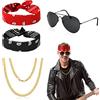 Aomig Accessori per travestimenti Rocker Star, confezione da 4 per costumi retrò anni '70 e '80, bandana, occhiali da sole, collana, accessorio hippie anni '70 e '80