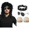 AOMIG Vokuhila Parrucca nera 5 pezzi Punk Gothic Rocker Kit con parrucca 2 x Nylon Wig Cap Bandanas occhiali da sole Hip Hop Costume da discoteca accessori per anni '70 '80 anni '90 vestito da donna