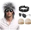 Aomig Vokuhila Parrucca nera 5 pezzi Punk Gothic Rocker Kit con parrucca 2 Nylon Wig Cap Bandanas occhiali da sole Hip Hop Costume da discoteca accessori per anni '70 80 anni '90 vestito donna uomo