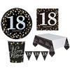 Zeus Party Kit Compleanno Anni 18/30/40/50/60 Oro e Nero con Piatti Grandi, tovaglia, tovaglioli Bicchieri e bandierine (per 8 Persone, 18 Anni)