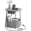 VASAGLE Tavolino Rotondo con Cestino in Tessuto e Multipresa | Comodino Spazioso per Soggiorno Camera da Letto, Stile Moderno, Grigio Tortora e Grigio Ardesia, Collezione LILEA LET228G02