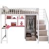 Azkoeesy Letto a soppalco matrimoniale Metallo con scrivania e armadio, 140x200 cm, asta appendiabiti, cassetto, scala contenitore, libreria integrata, prese di corrente, per Cameretta e adulti, Bianco