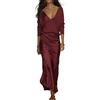 Generic Elegante top a maniche lunghe con scollo a V e gonna sottoveste in raso, 2 pezzi, set da donna casual chic abbinato per vacanze e tutti i giorni